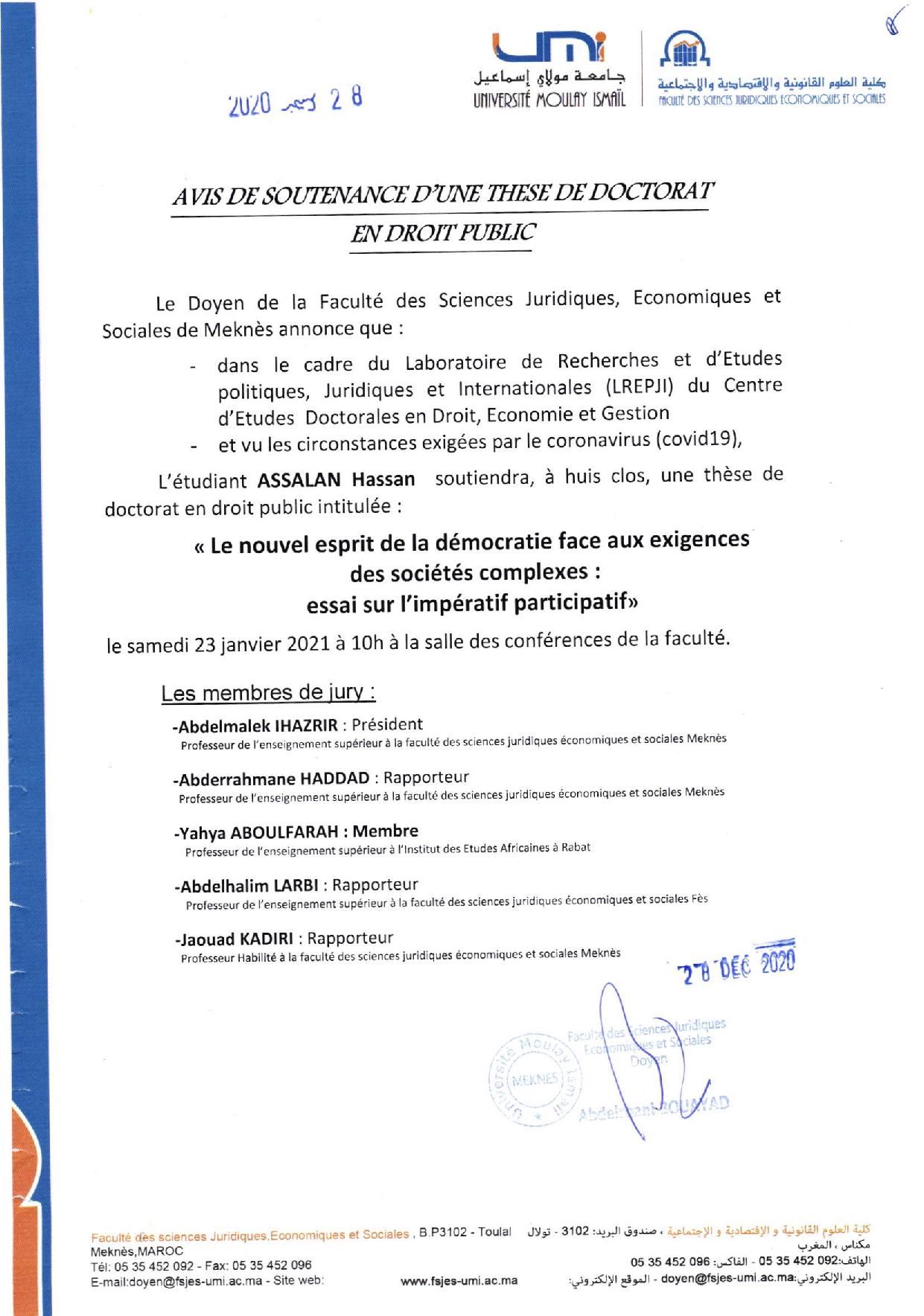 SOUTENANCE DE THÈSE DE DOCTORAT 23-01-2021