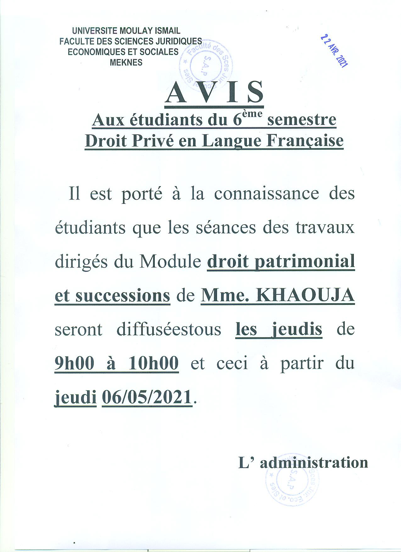 AVIS AUX ÉTUDIANTS DU 6ÈME SEMESTRE DROIT PRIVÉ EN LANGUE FRANÇAISE