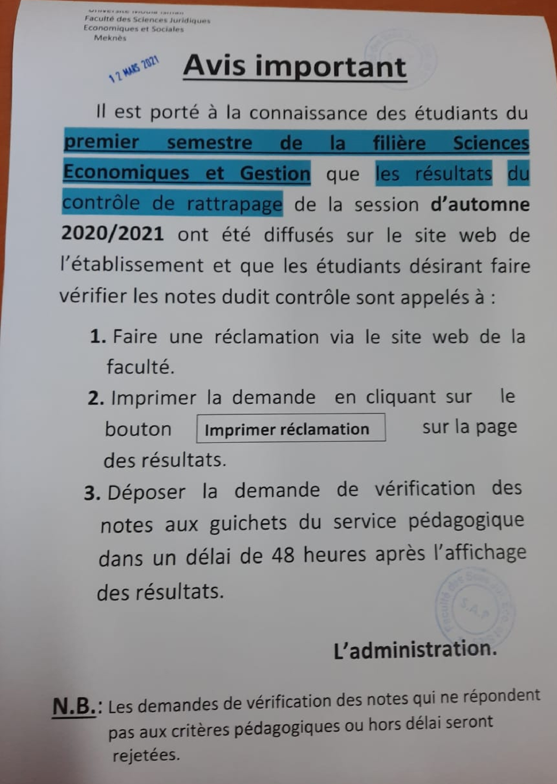 AVIS AUX ÉTUDIANTS DU PREMIER SEMESTRE DE LA FILIÈRE SCIENCES ECONOMIQUES ET GESTION