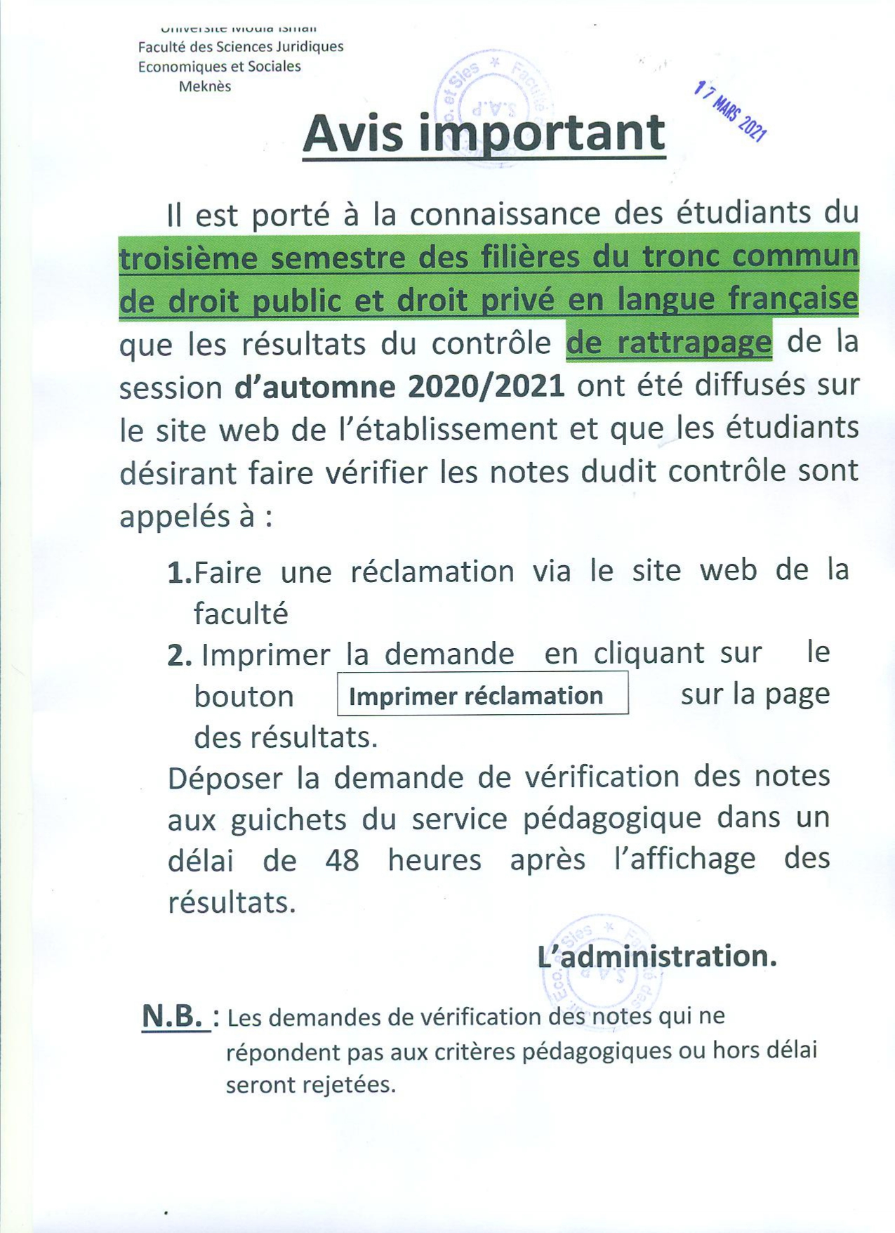 AVIS AUX ÉTUDIANTS DU TROISIÈME SEMESTRE DES FILIÈRES DU TRONC COMMUN DE DROIT PUBLIC ET DROIT PRIVÉ EN LANGUE FRANÇAISE