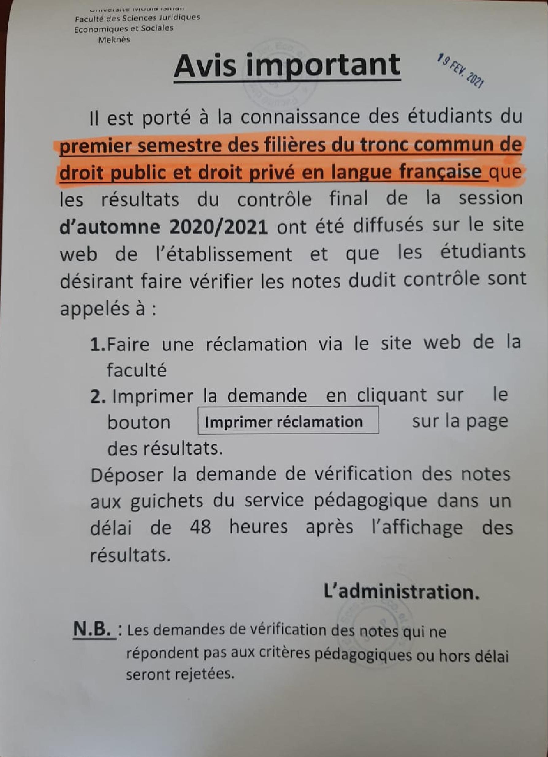 AVIS AUX ÉTUDIANTS DU PREMIER SEMESTRE DU TRONC COMMUN DE DROIT PUBLIC ET DROIT PRIVÉ EN LANGUE FRANÇAISE