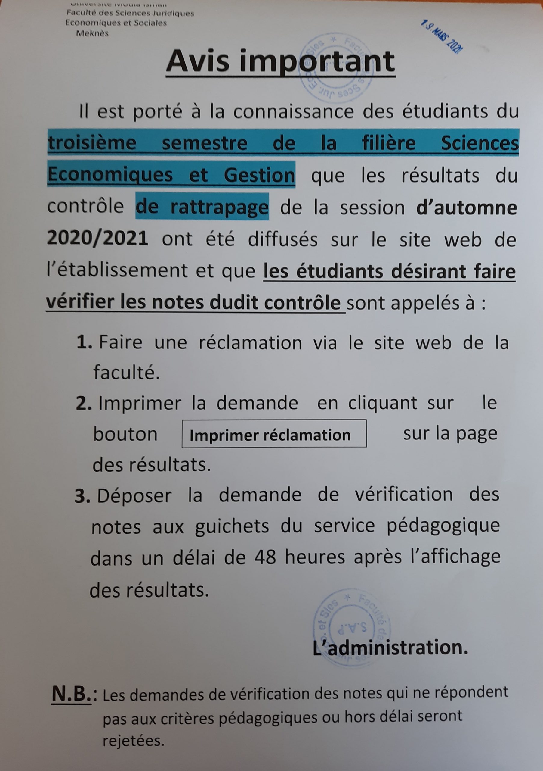 AVIS AUX ÉTUDIANTS DU TROISIÈME SEMESTRE DE LA FILIÈRE SCIENCES ECONOMIQUES ET GESTION