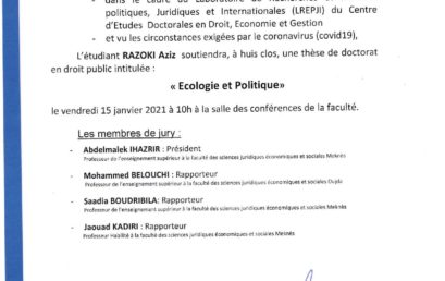 SOUTENANCE DE THÈSE DE DOCTORAT 15-01-2021