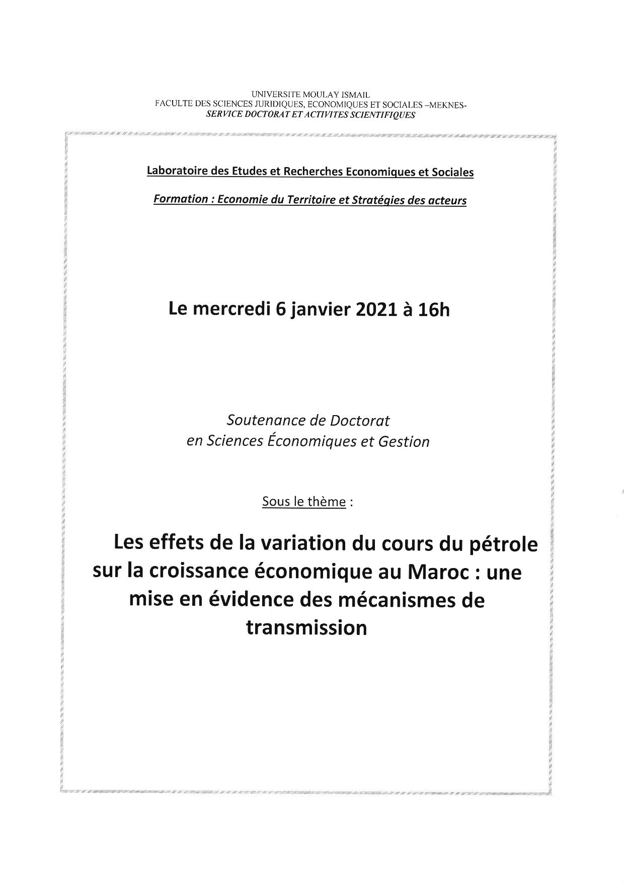 SOUTENANCE DE THÈSE DE DOCTORAT 06-01-2021