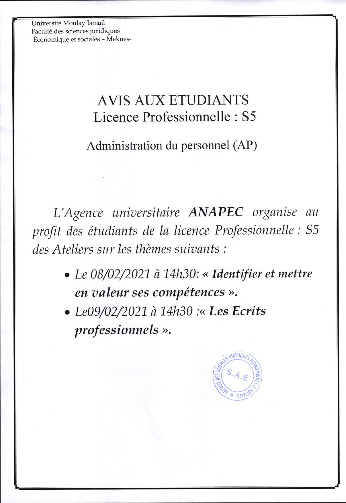 AVIS AUX ÉTUDIANTS LICENCE PROFESSIONNELLE : ADMINISTRATION DU PERSONNEL (AP)