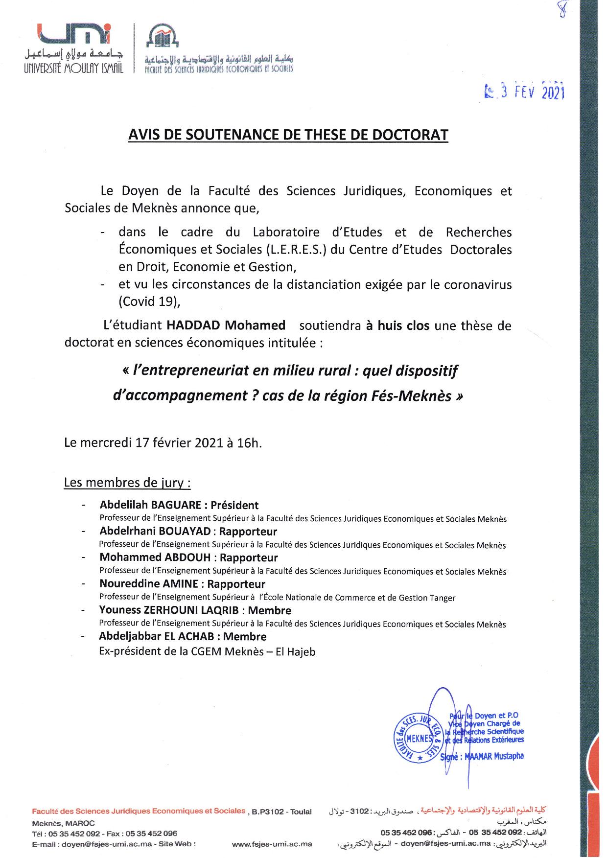 SOUTENANCE DE THÈSE DE DOCTORAT 17-02-2021