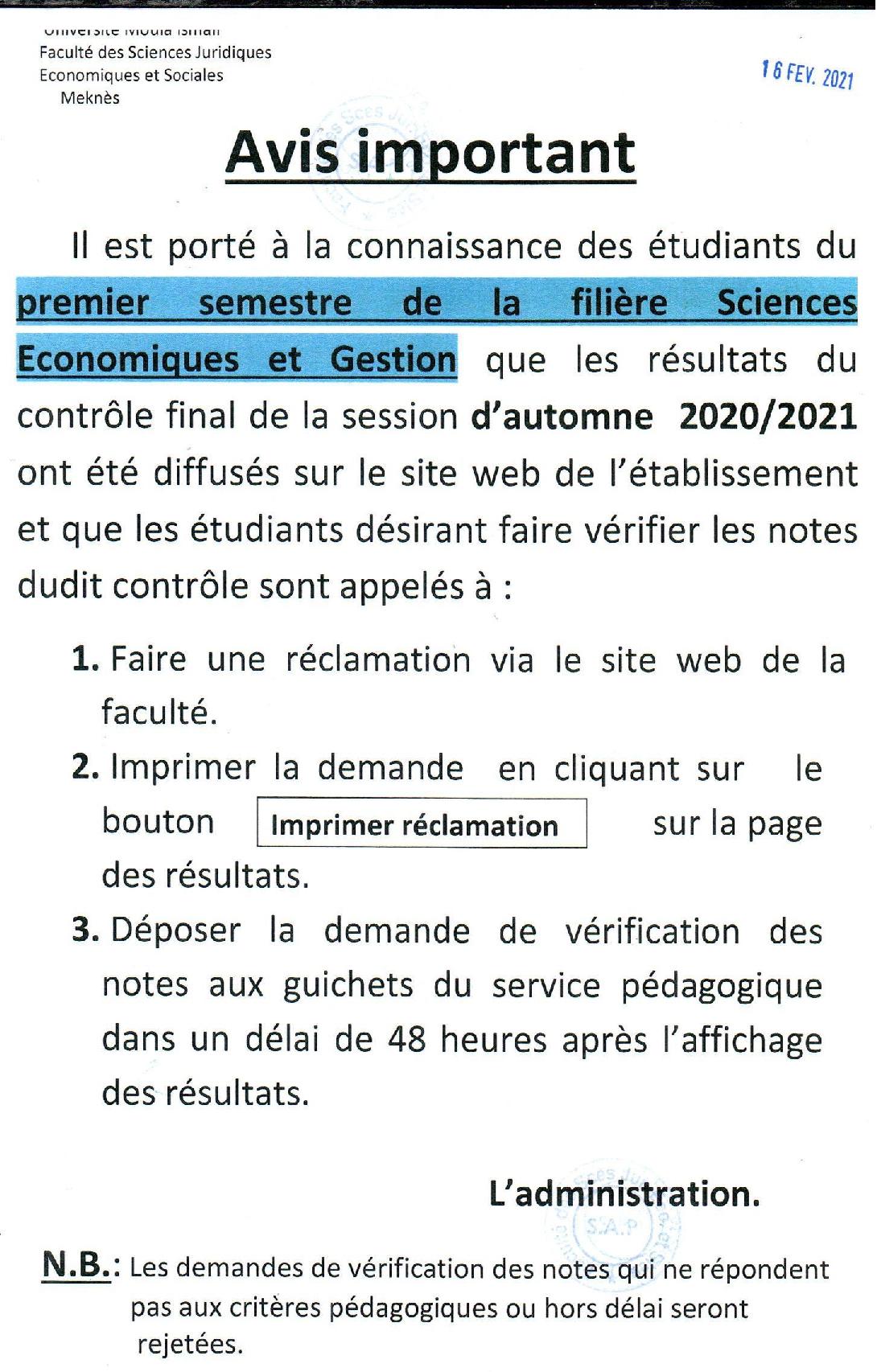 AVIS AUX ÉTUDIANTS DU PREMIER SEMESTRE DE LA FILIÈRE SCIENCES ECONOMIQUES ET GESTION