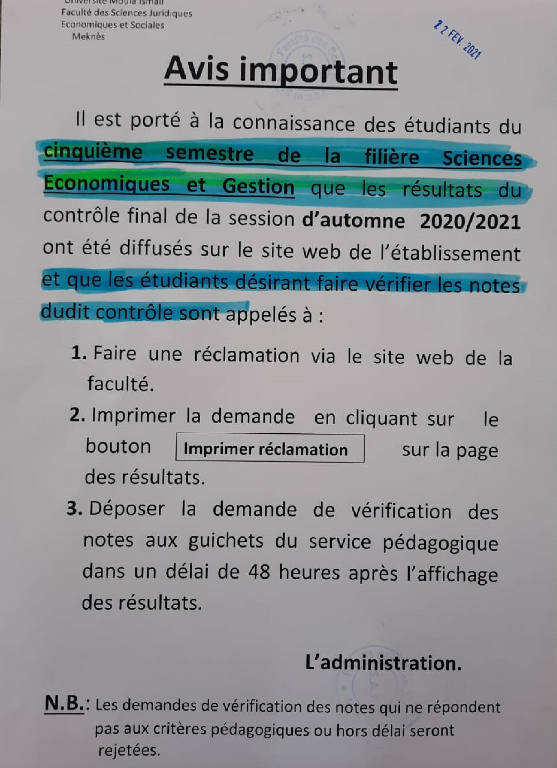 AVIS AUX ÉTUDIANTS DU CINQUIÈME SEMESTRE DE LA FILIÈRE SCIENCES ECONOMIQUES ET GESTION