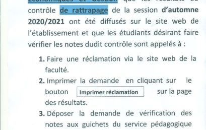 AVIS AUX ÉTUDIANTS DU CINQUIÈME SEMESTRE DE LA FILIÈRE SCIENCES ECONOMIQUES ET GESTION