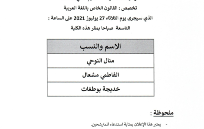 Liste des candidats convoqués pour passer l’entretien oral , Spécialité : Droit privé en langue arabe