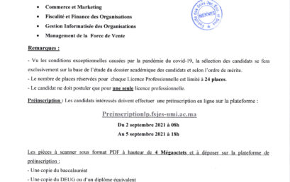 Avis de candidature pour l’inscription aux licences professionnelles 2021/2022