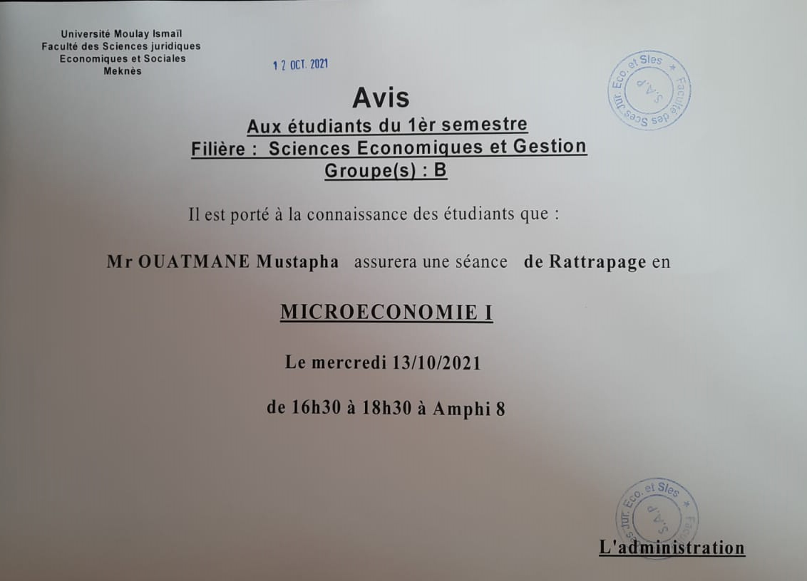 Avis aux étudiants du 1èr semestre sciences Economiques et Gestion « Groupe (B) »