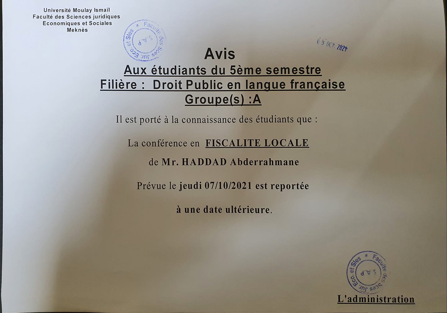 Avis aux étudiants du 5ème semestre Droit Public en langue française « Groupe (A) »