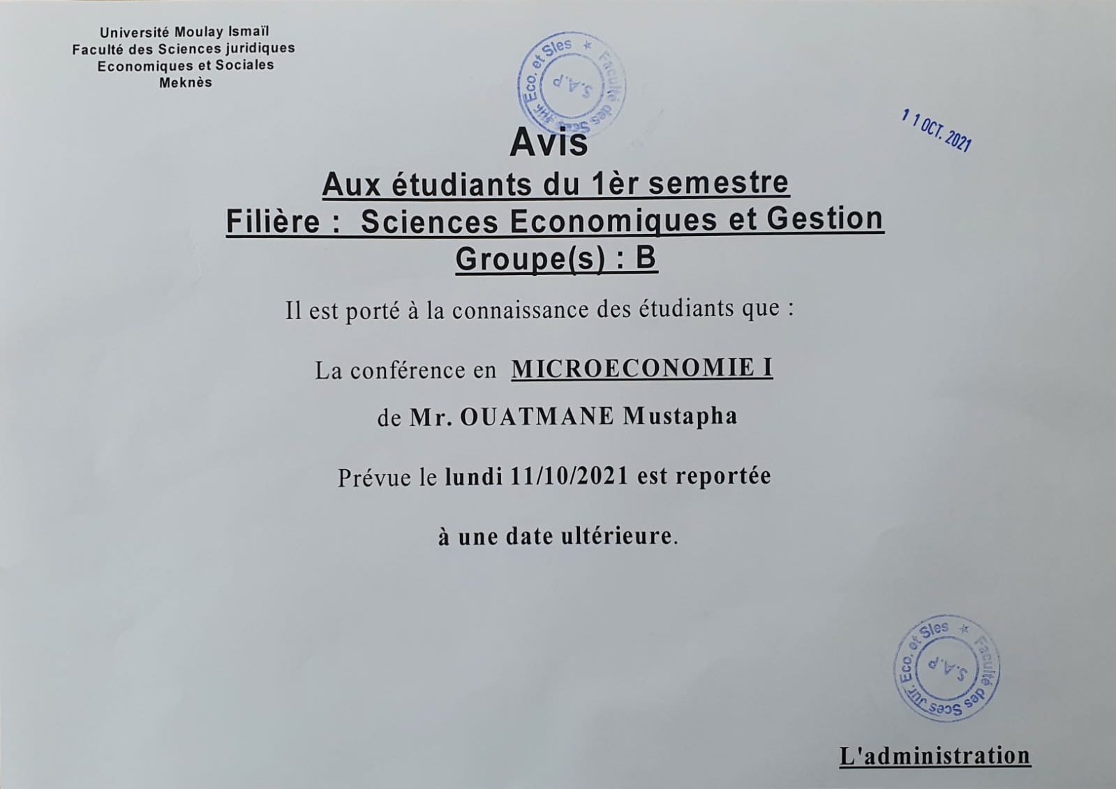 Avis aux étudiants du 1èr semestre sciences Economiques et Gestion « Groupe (B) »