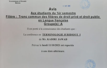 Avis aux étudiants du 1èr semestre Tronc commun des filières de droit privé et droit public en langue française « Groupe (A) »