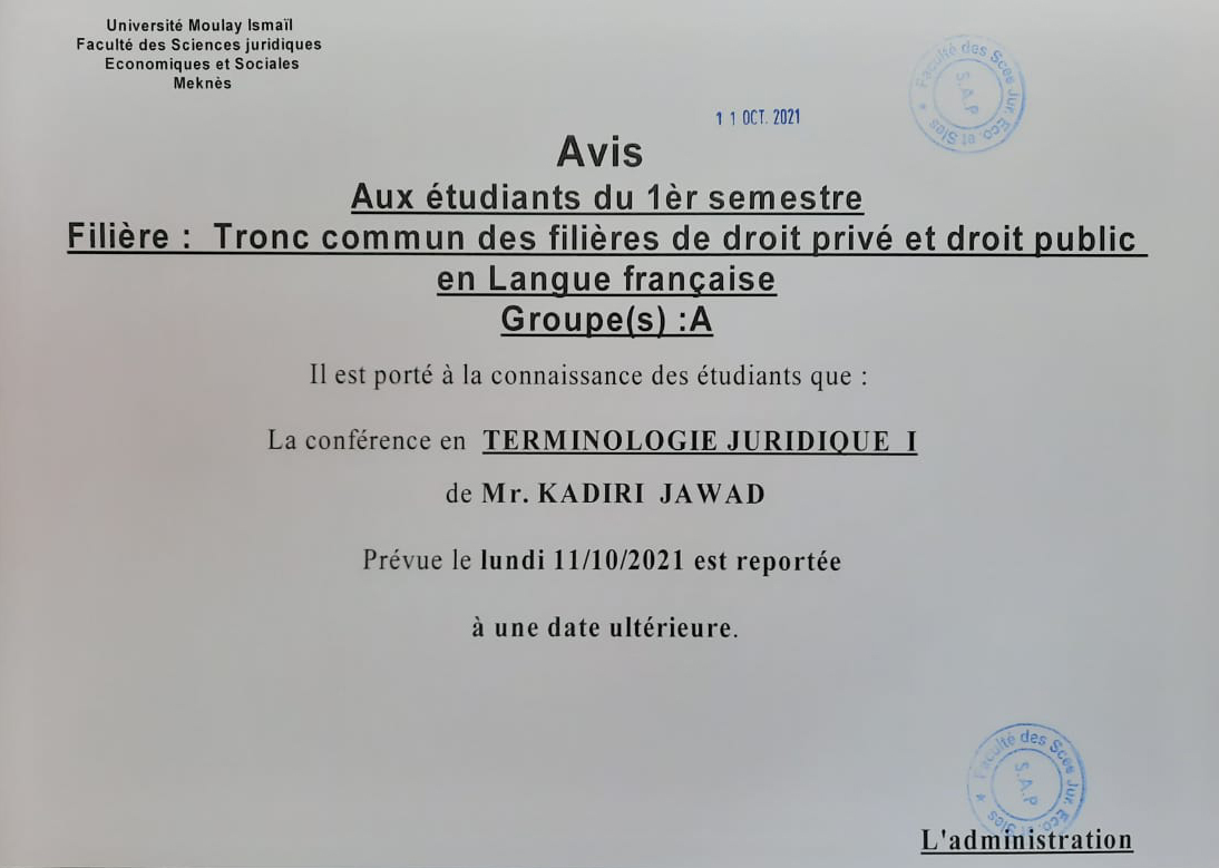 Avis aux étudiants du 1èr semestre Tronc commun des filières de droit privé et droit public en langue française « Groupe (A) »