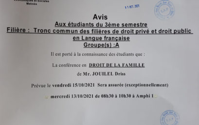 Avis aux étudiants du 3ème semestre Tronc commun des filières de droit privé et droit public en langue française « Groupe (A) »