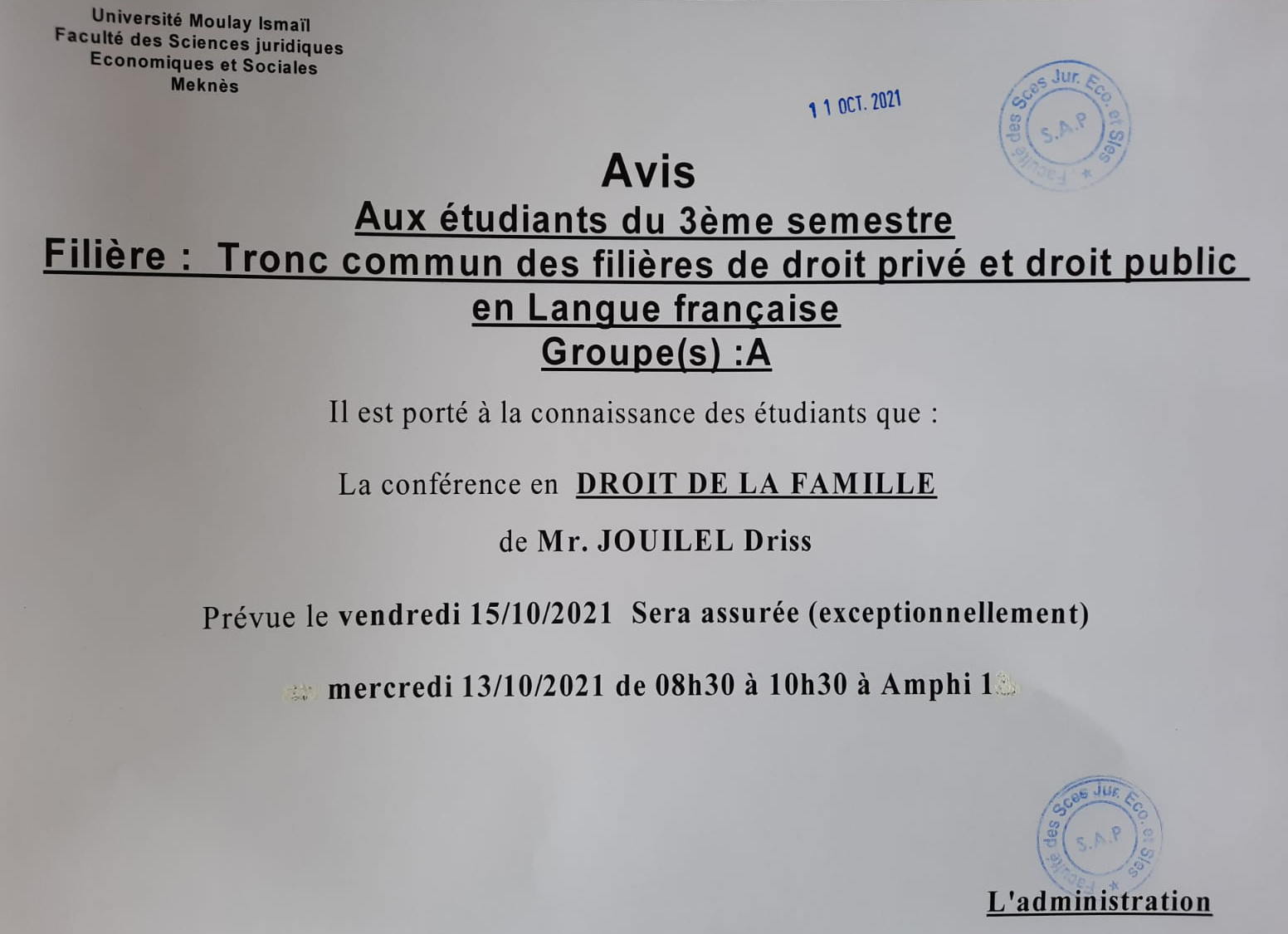 Avis aux étudiants du 3ème semestre Tronc commun des filières de droit privé et droit public en langue française « Groupe (A) »
