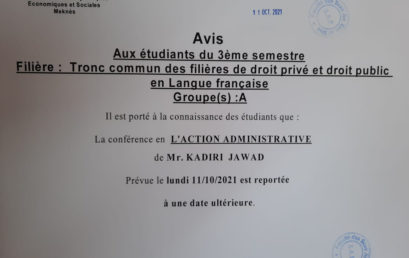 Avis aux étudiants du 3ème semestre Tronc commun des filières de droit privé et droit public en langue française « Groupe (A) »