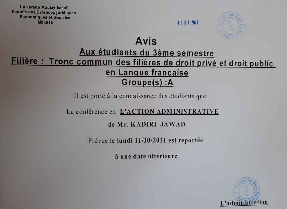 Avis aux étudiants du 3ème semestre Tronc commun des filières de droit privé et droit public en langue française « Groupe (A) »