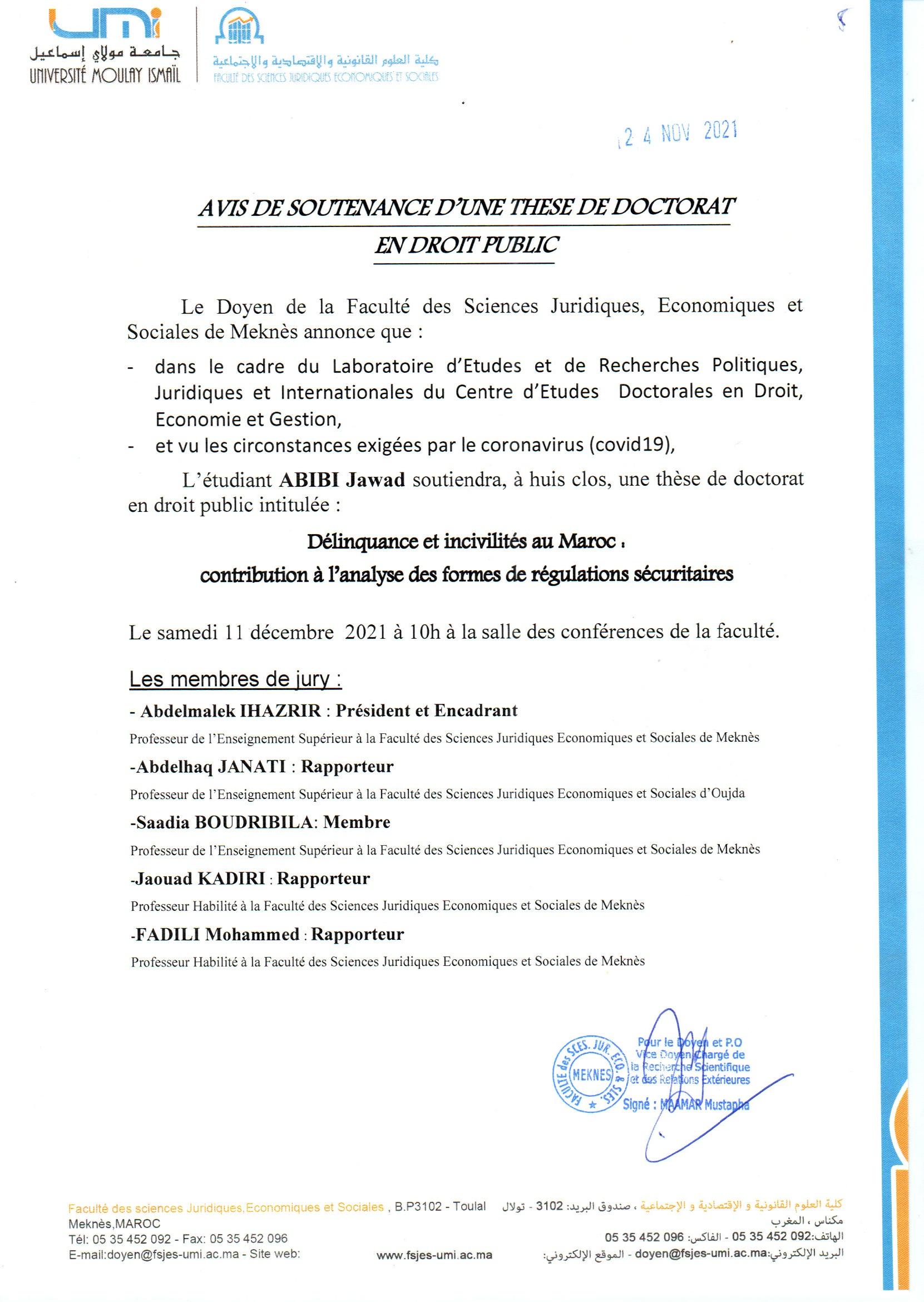 SOUTENANCE DE THÈSE DE DOCTORAT 11-12-2021