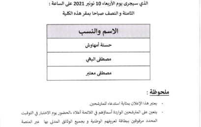 لائحة المدعوين لاجتياز الاختبار الشفوي القانون الخاص باللغة العربية 05.11.2021