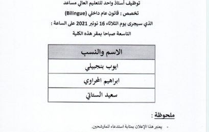 la liste des candidats convoqués pour passer l’examen oral le 16/11/2021 Spécialité : Droit public interne bilingue