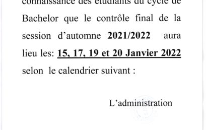 Cycle de Bachelor : Calendrier du contrôle final