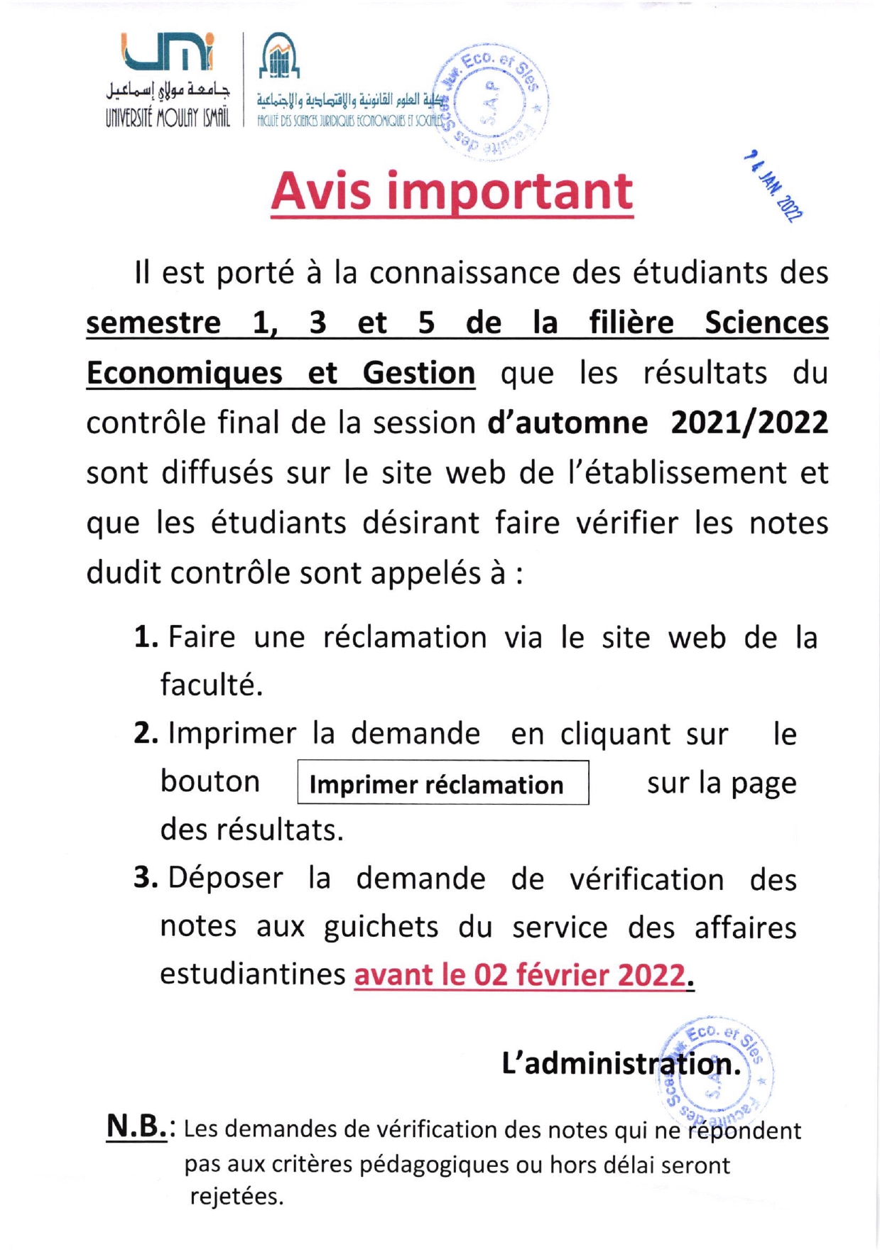 Avis Important aux étudiants S.E.G