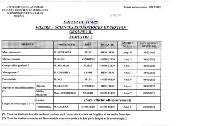 Emploi du temps : Sciences économiques et Gestion : Semestre 2