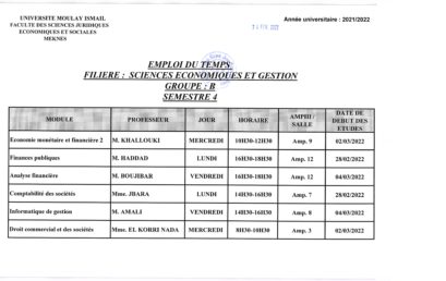 Emploi du temps : Sciences économiques et Gestion : Semestre 4