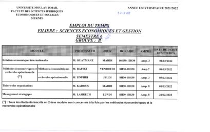 Emploi du temps : Sciences économiques et Gestion : Semestre 6