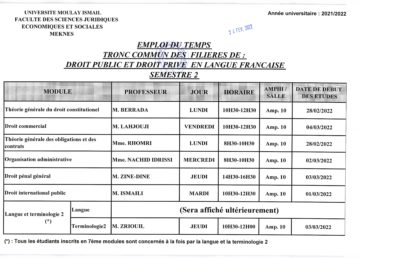 Emploi du temps : Tronc commun des filières : droit public et droit privé  en langue française – Semestre 2