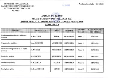 Emploi du temps : Tronc commun des filières : droit public et droit privé  en langue française – Semestre 4