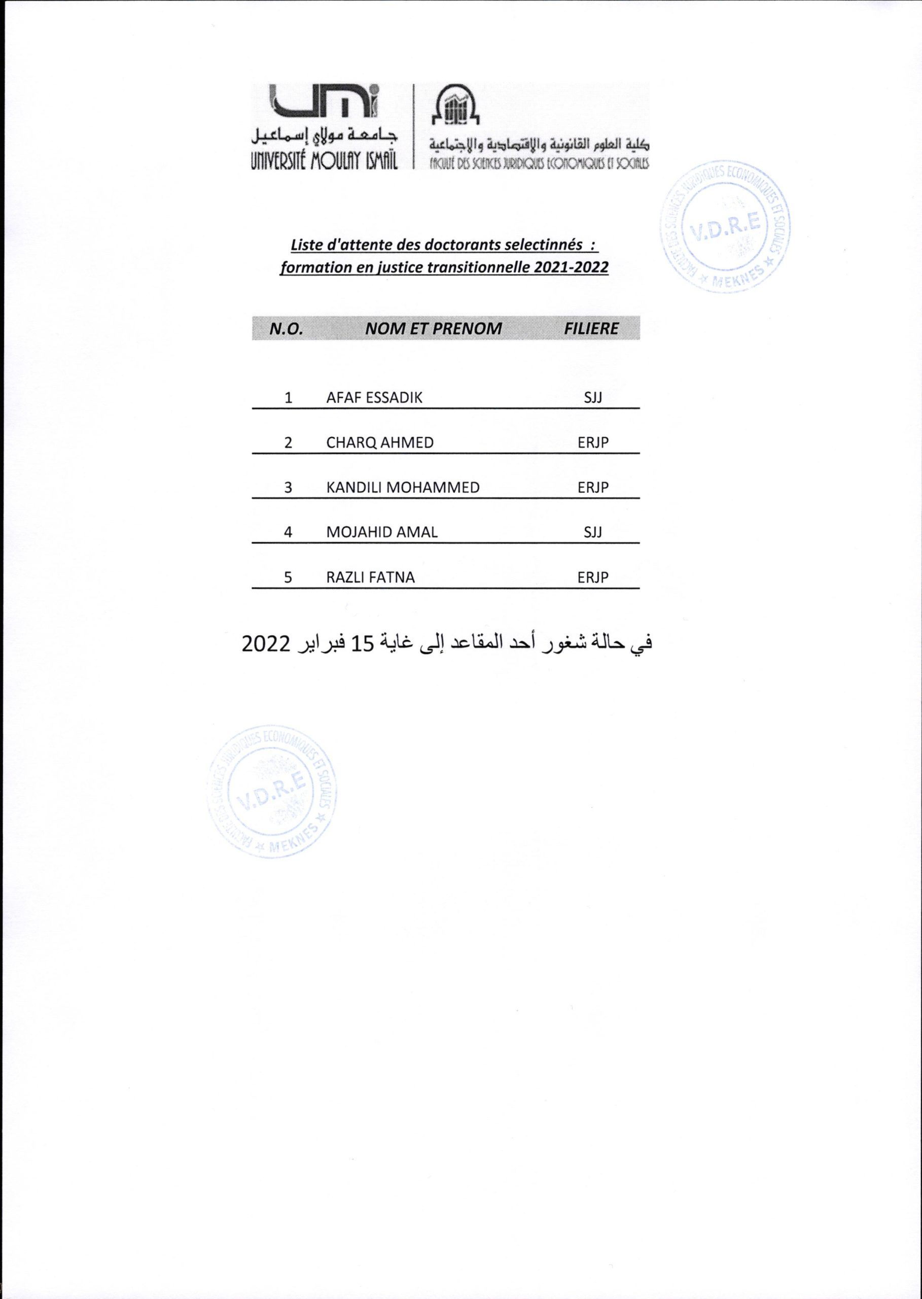 Liste d’attente des doctorants selectionnés : formation en justice transitionnelle 2021/2022