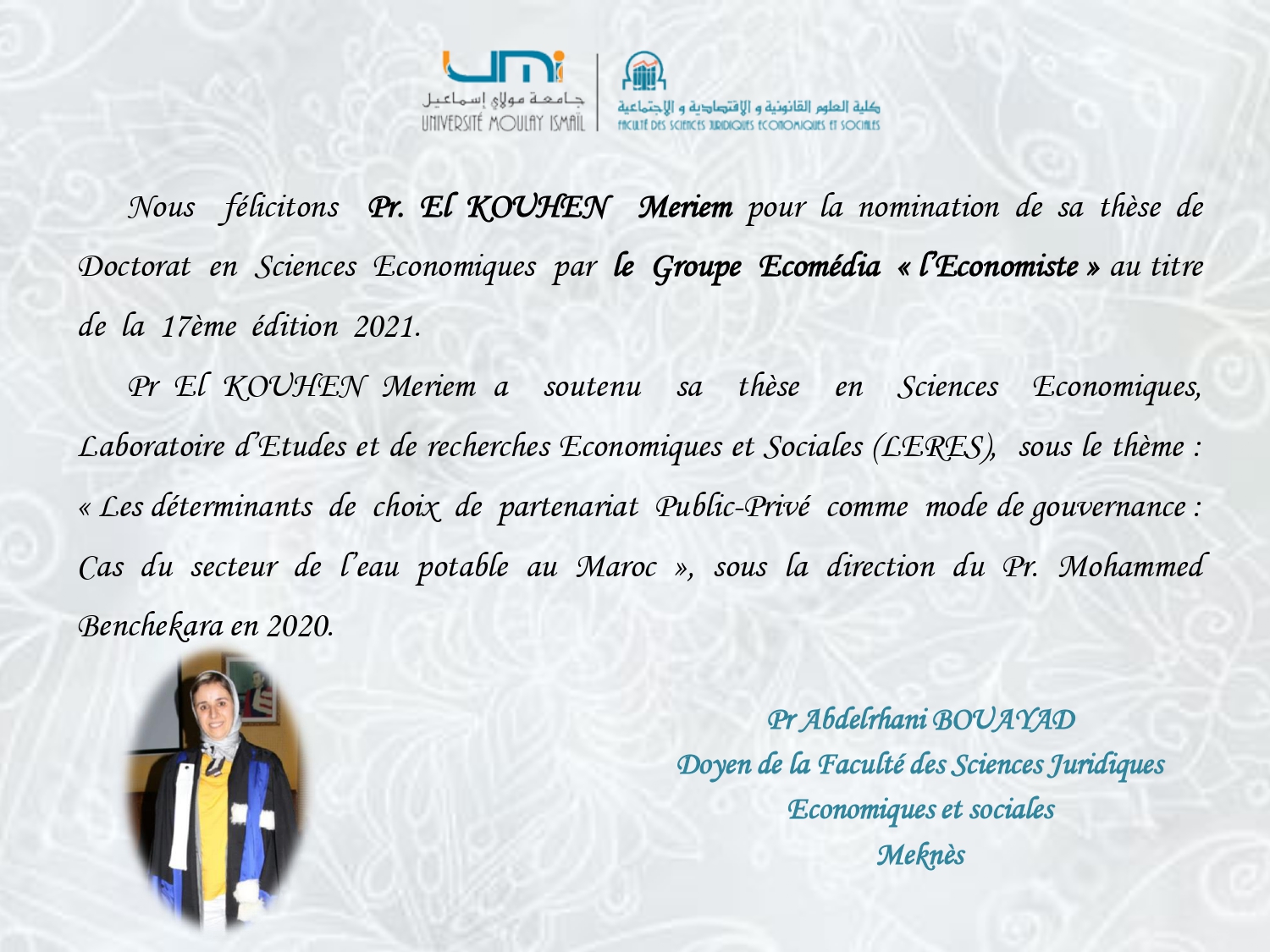 Pr El Kouhen : nomination de thèse