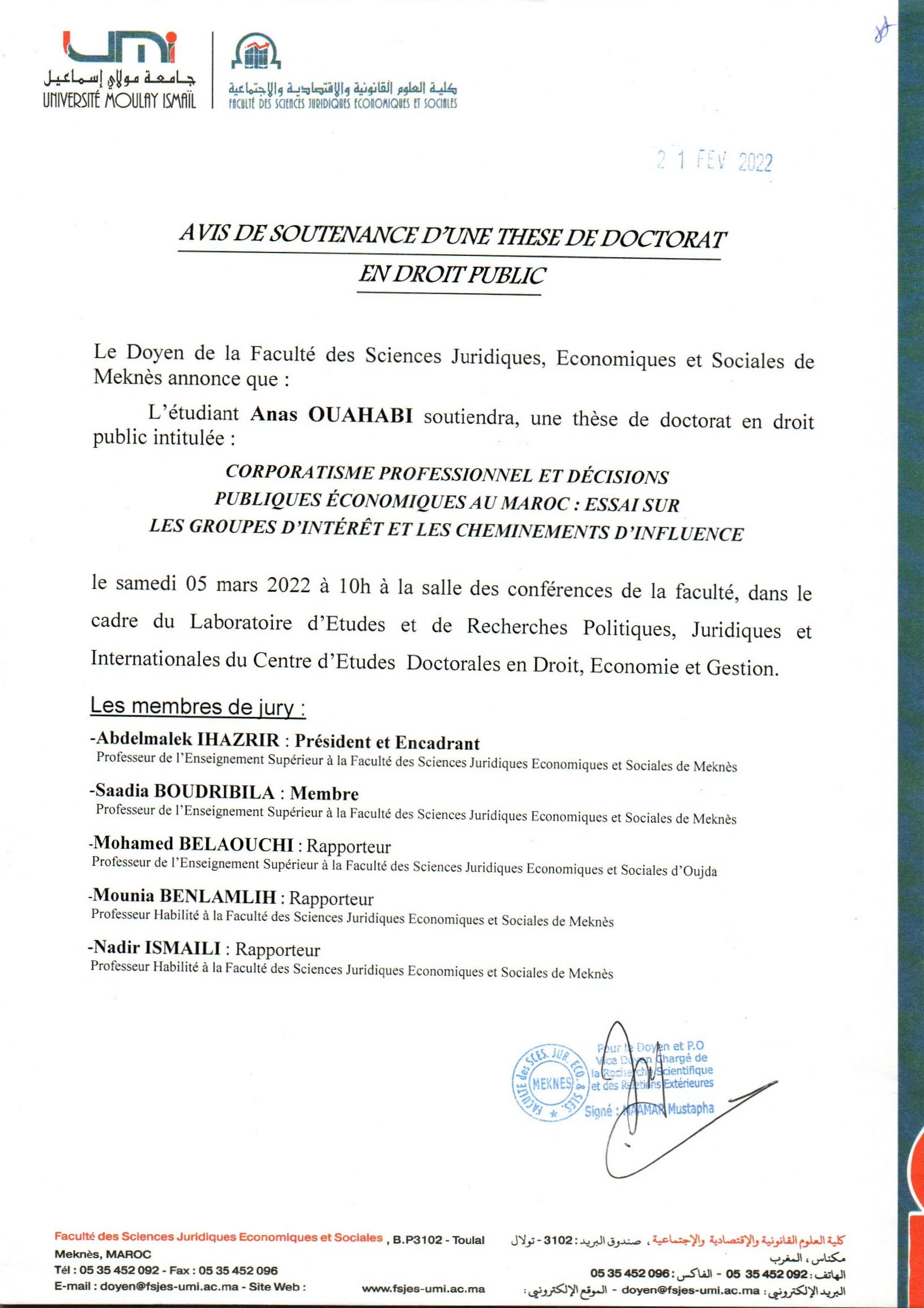 SOUTENANCE DE THÈSE DE DOCTORAT 19-03-2022