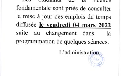 Mise à jour de l’emploi du temps