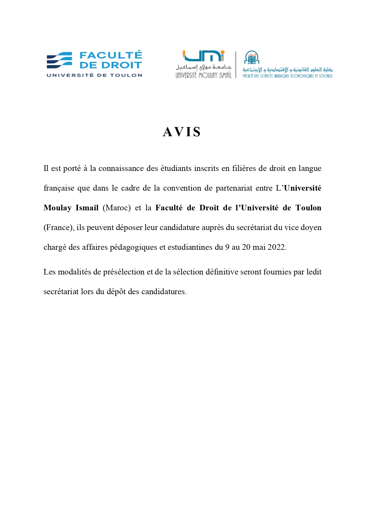 Avis : partenariat entre UMI et la Faculté de Droit de l’Université de Toulon (France)