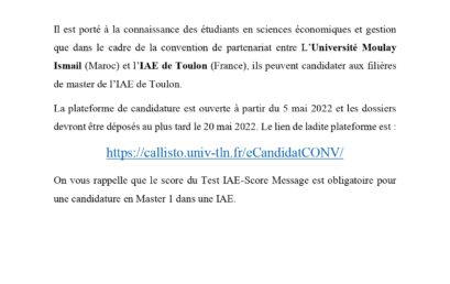 Avis : partenariat entre UMI et l’IAE de Toulon (France)