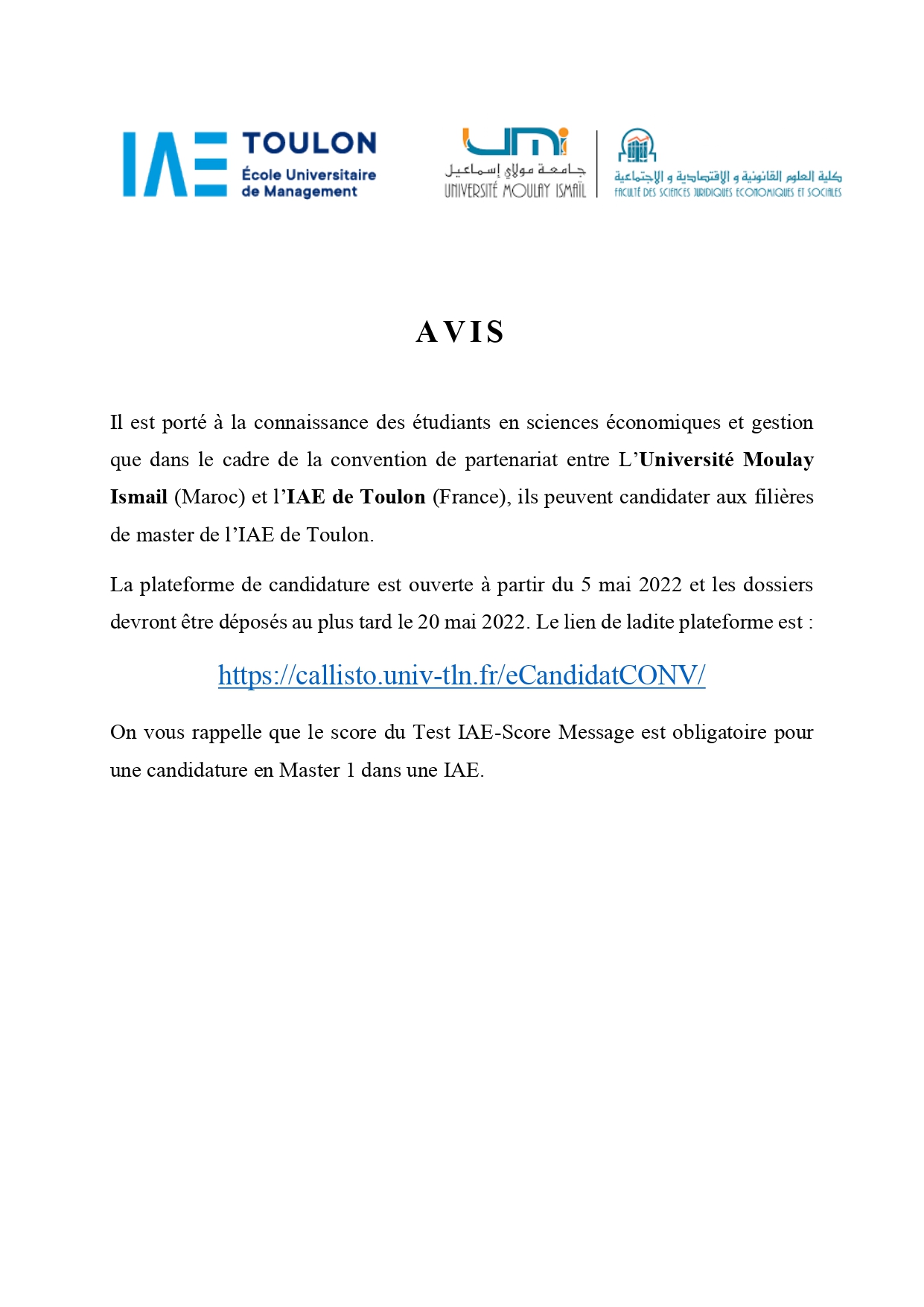 Avis : partenariat entre UMI et l’IAE de Toulon (France)