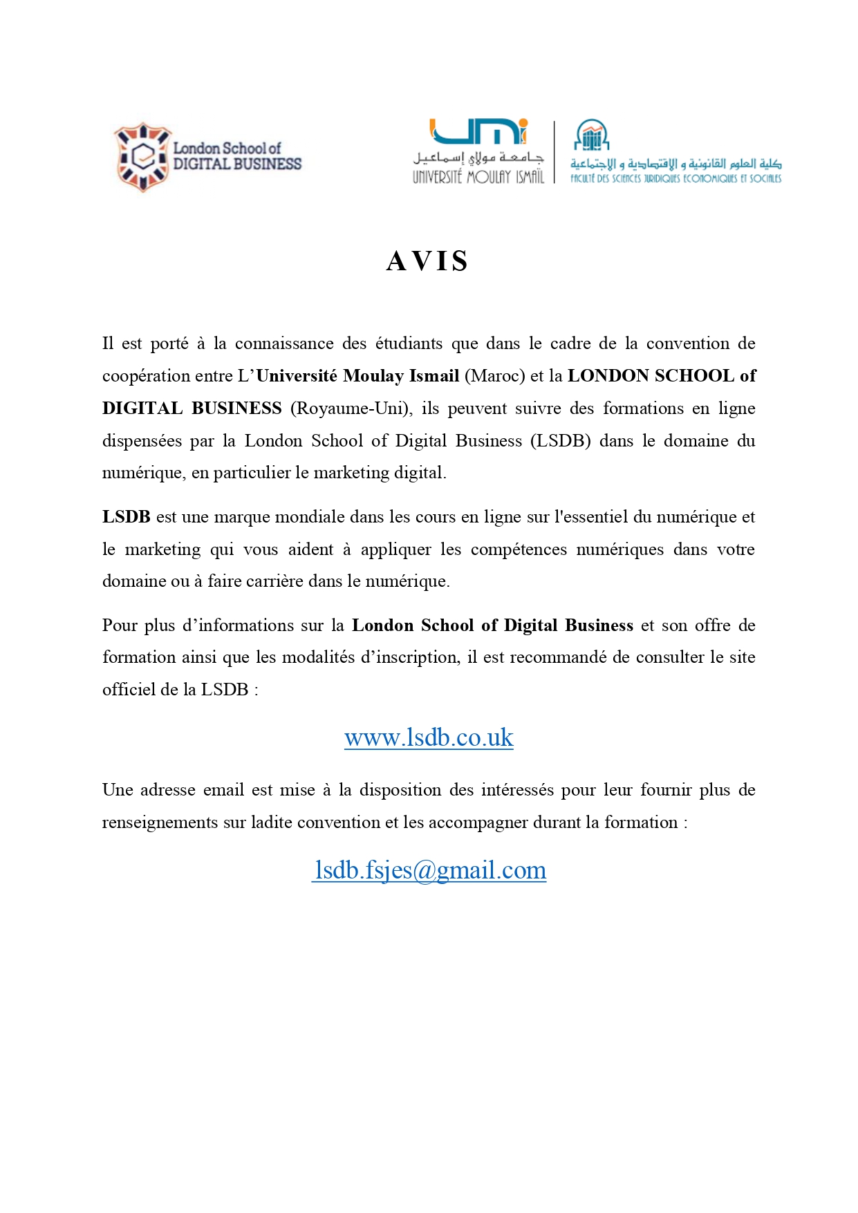 Avis : coopération entre UMI et LONDON SCHOOL of DIGITAL BUSINESS