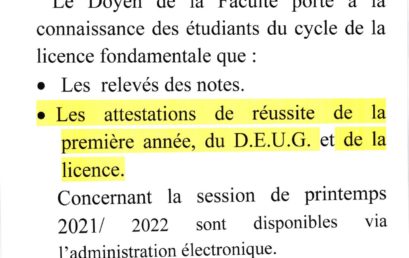 Avis important aux étudiants de Licence Fondamentale