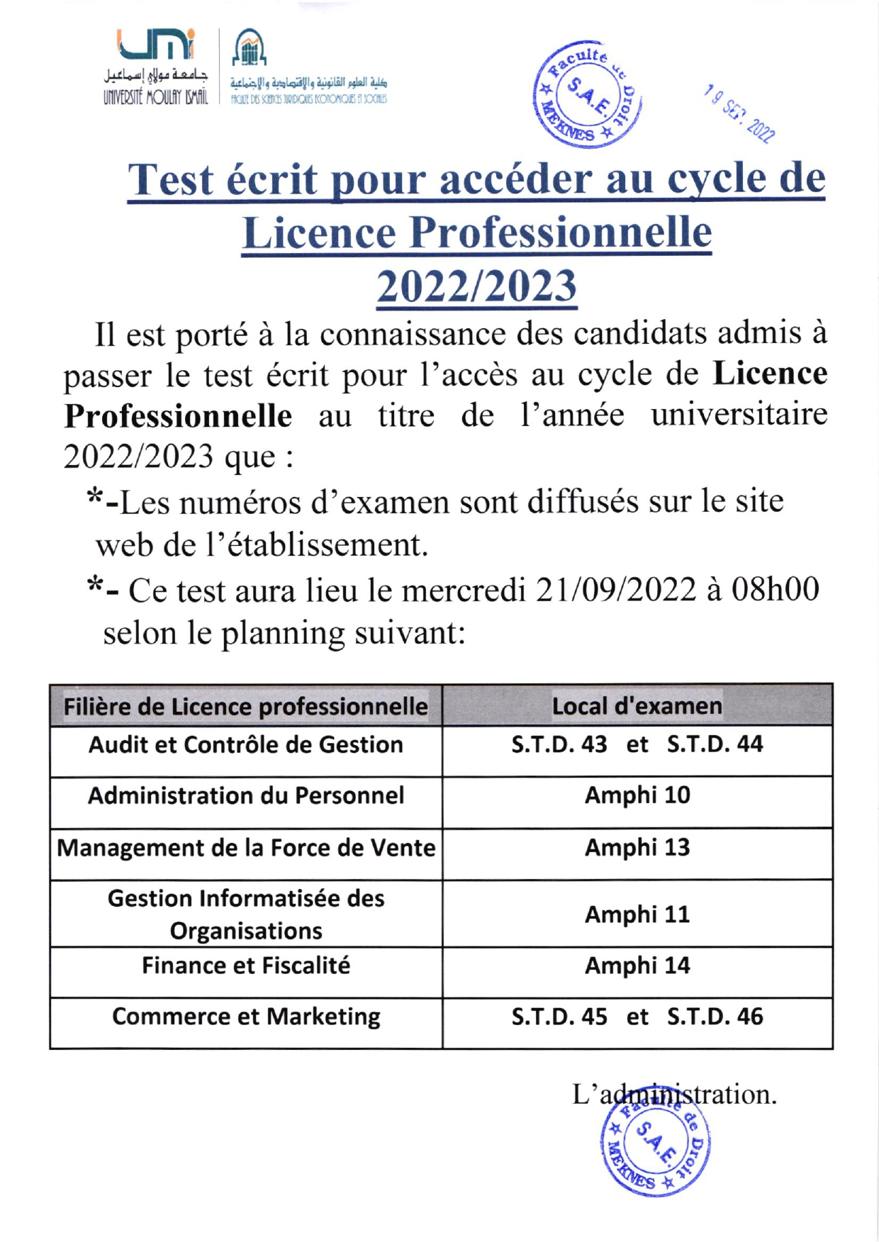 Test écrit pour accéder au cycle de Licence Professionnelle 2022/23