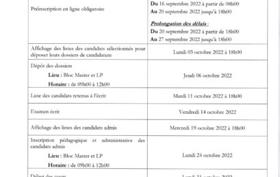 Planning du concours d’accès au Master Gouvernance et Droit de l’Homme