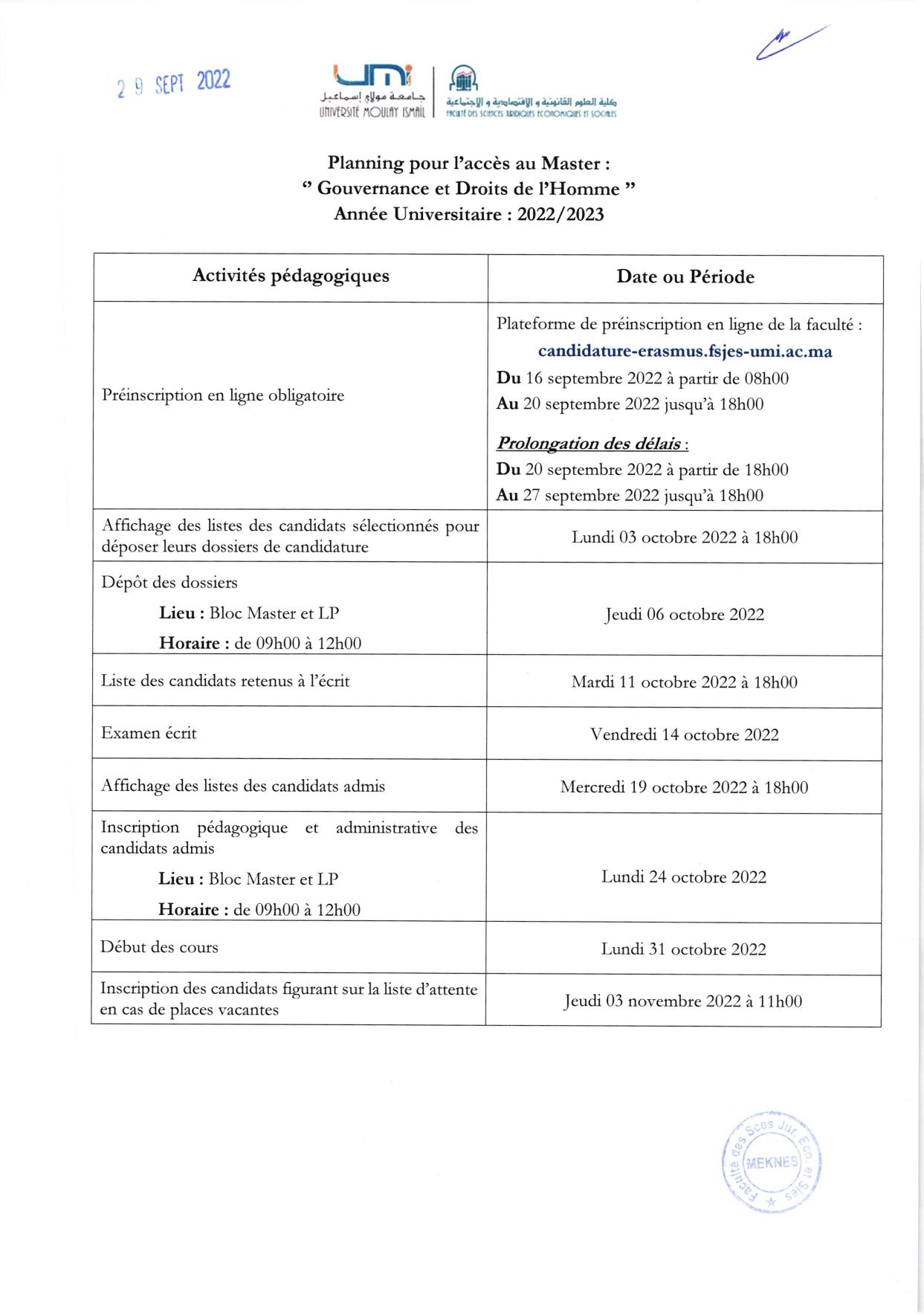 Planning du concours d’accès au Master Gouvernance et Droit de l’Homme