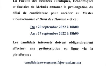 Avis prolongation du délai de candidature pour accéder au Master « Gouvernance et Droit de l’Homme »￼