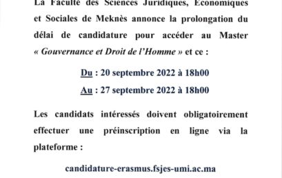 Avis prolongation du délai de candidature pour accéder au Master « Gouvernance et Droit de l’Homme »￼