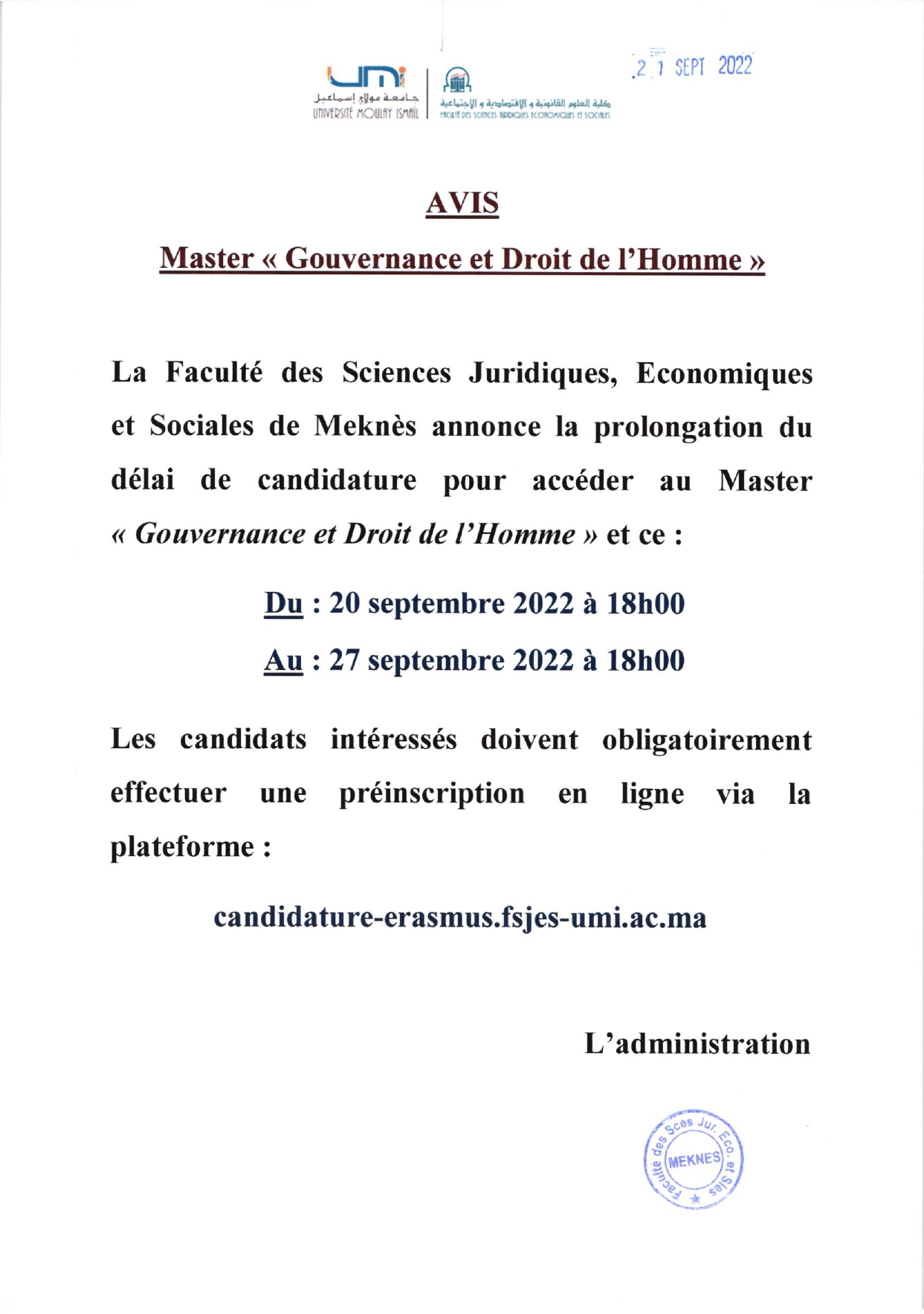 Avis prolongation du délai de candidature pour accéder au Master « Gouvernance et Droit de l’Homme »￼