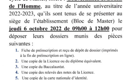 liste des candidats présélectionnés pour accéder au cycle de Master Gouvernance et Droit de l’Homme